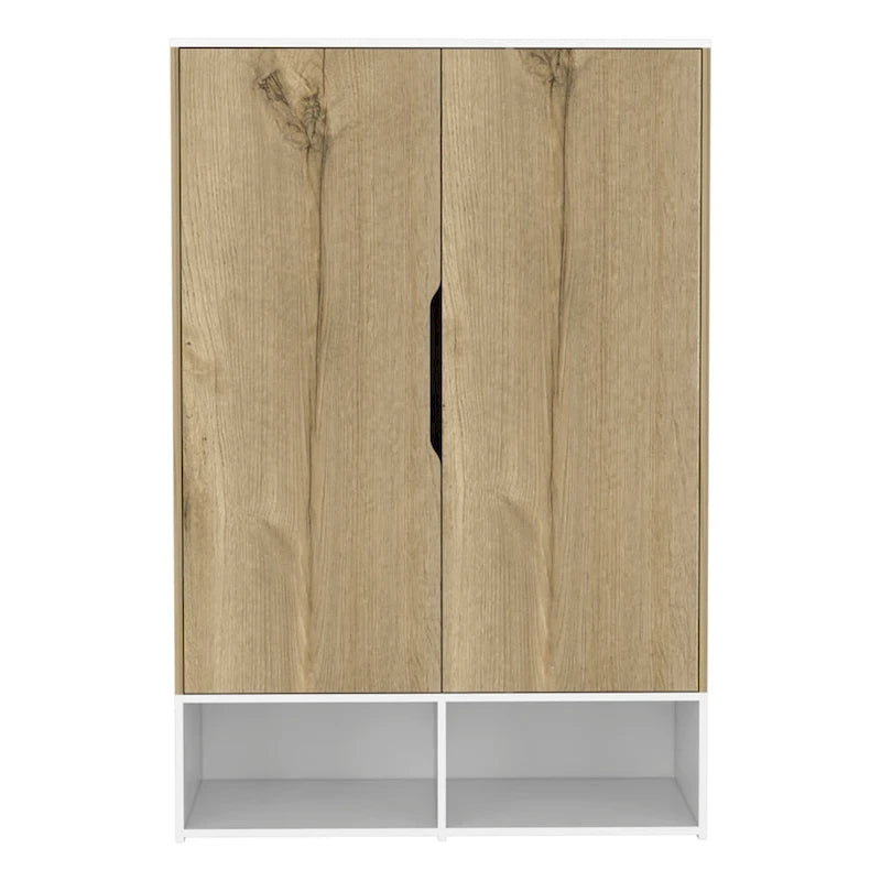 Armoire à deux portes, étagères ouvertes, cinq étagères dissimulées et barre de penderie