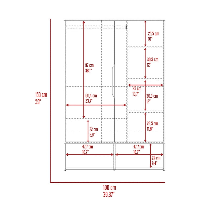 Armoire à deux portes, étagères ouvertes, cinq étagères dissimulées et barre de penderie