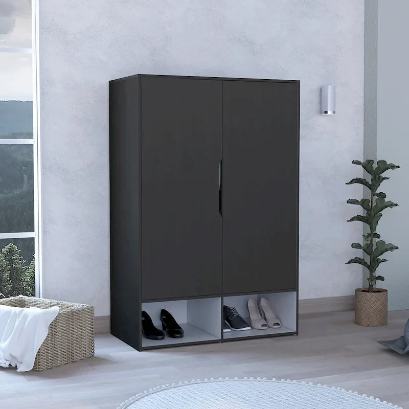 Armoire à deux portes, étagères ouvertes, cinq étagères dissimulées et barre de penderie