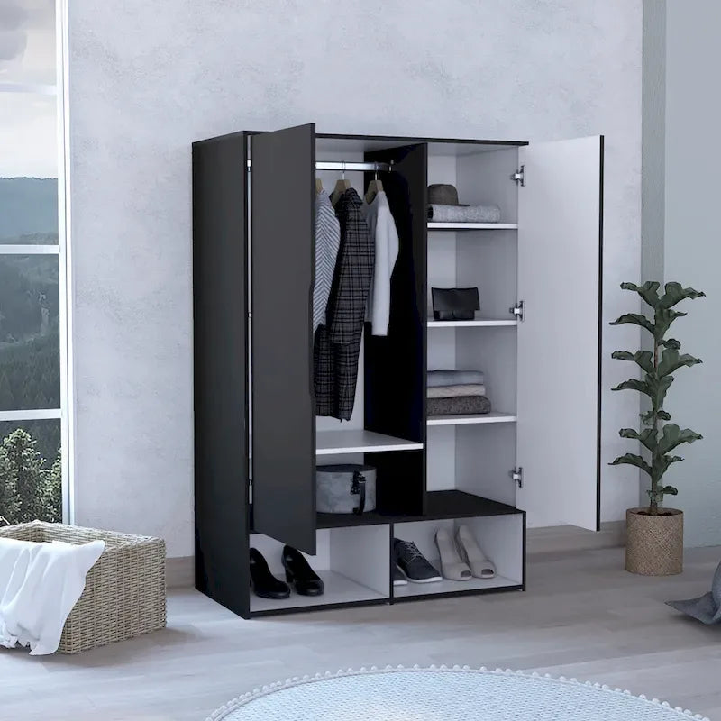 Armoire à deux portes, étagères ouvertes, cinq étagères dissimulées et barre de penderie