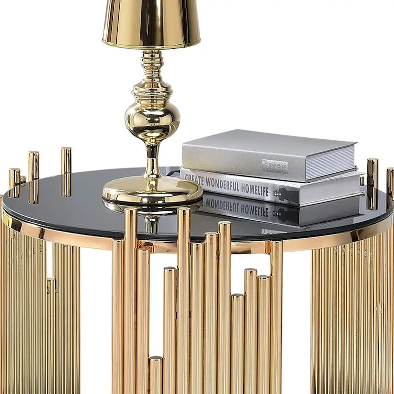 Table d'appoint moderne en métal et verre avec design tubulaire, noir et or