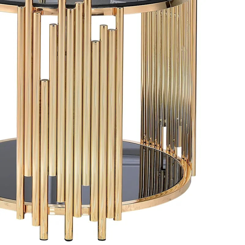 Table d'appoint moderne en métal et verre avec design tubulaire, noir et or