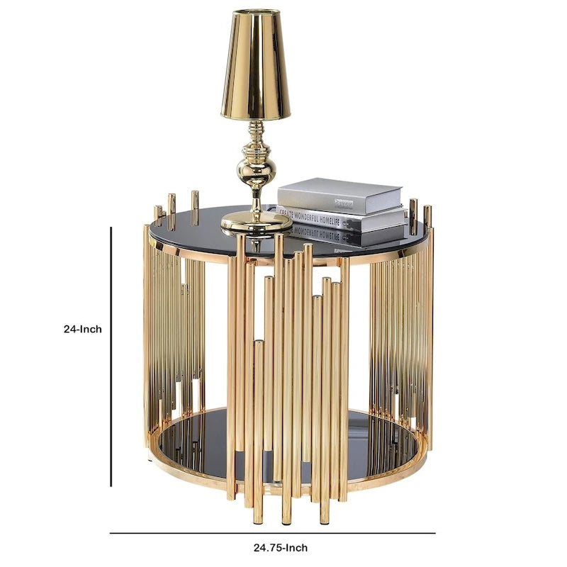 Table d'appoint moderne en métal et verre avec design tubulaire, noir et or