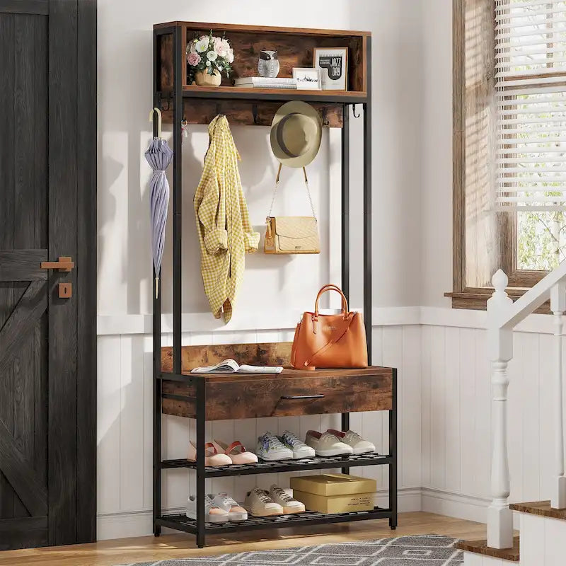 Porte-manteau industriel 3-en-1 marron rustique avec banc à chaussures et étagère supérieure