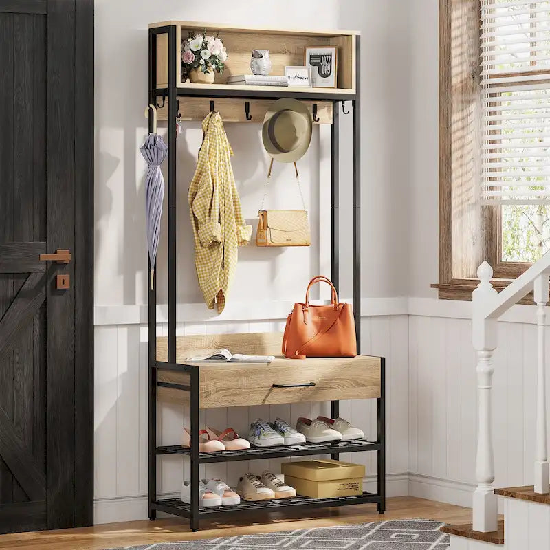 Porte-manteau industriel 3-en-1 marron rustique avec banc à chaussures et étagère supérieure