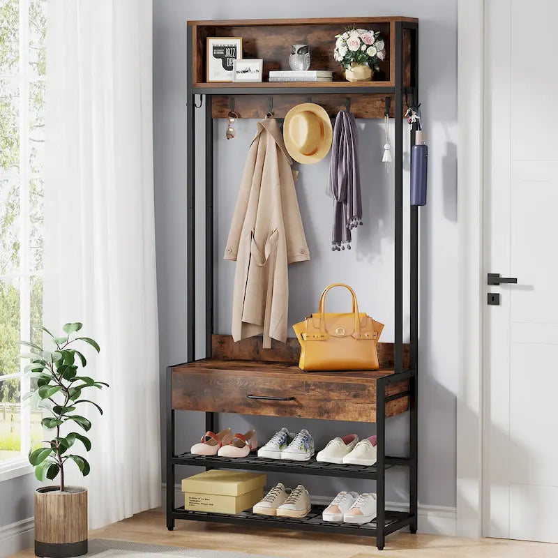 Porte-manteau industriel 3-en-1 marron rustique avec banc à chaussures et étagère supérieure