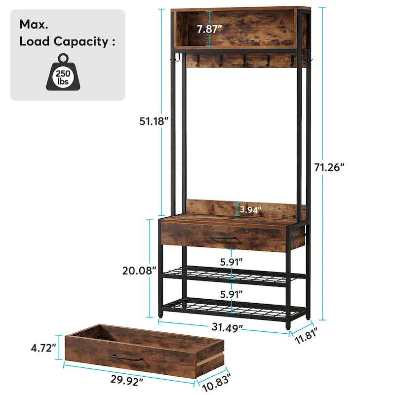 Porte-manteau industriel 3-en-1 marron rustique avec banc à chaussures et étagère supérieure