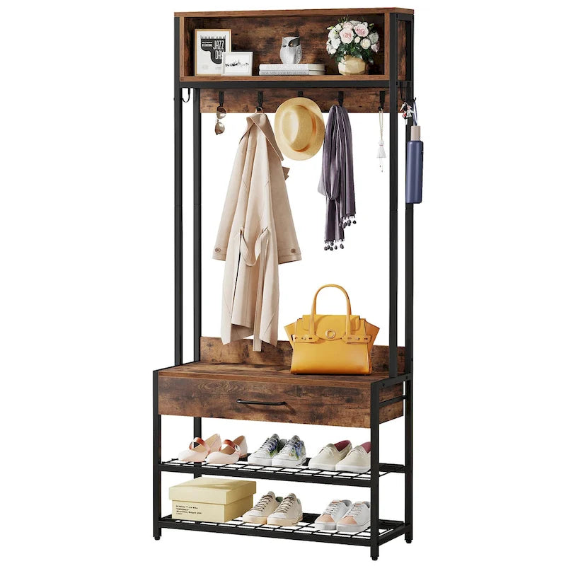 Porte-manteau industriel 3-en-1 marron rustique avec banc à chaussures et étagère supérieure