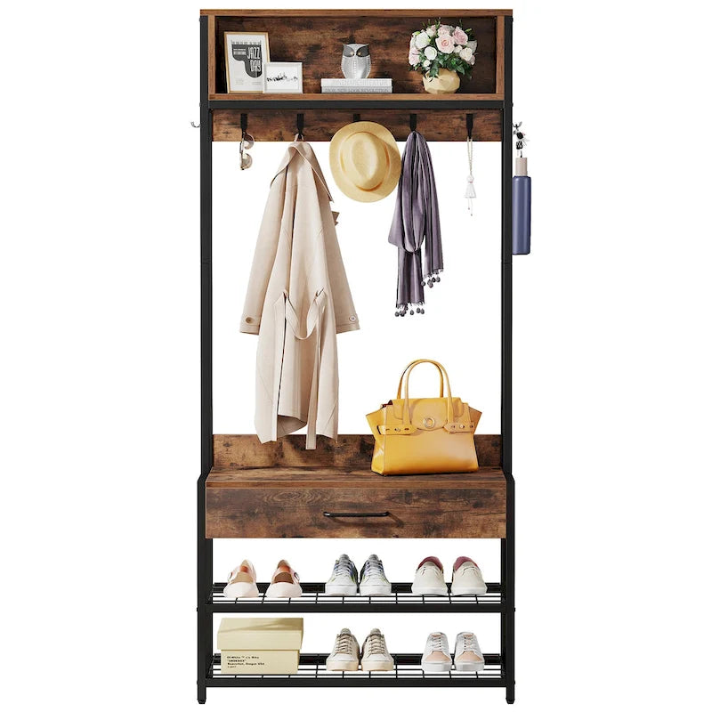 Porte-manteau industriel 3-en-1 marron rustique avec banc à chaussures et étagère supérieure