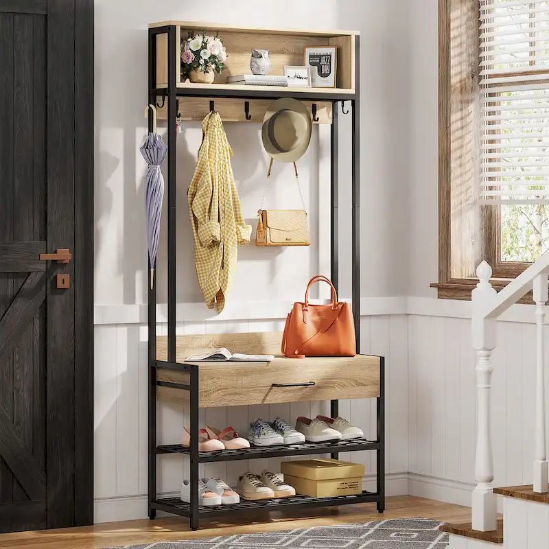 Porte-manteau industriel 3-en-1 marron rustique avec banc à chaussures et étagère supérieure