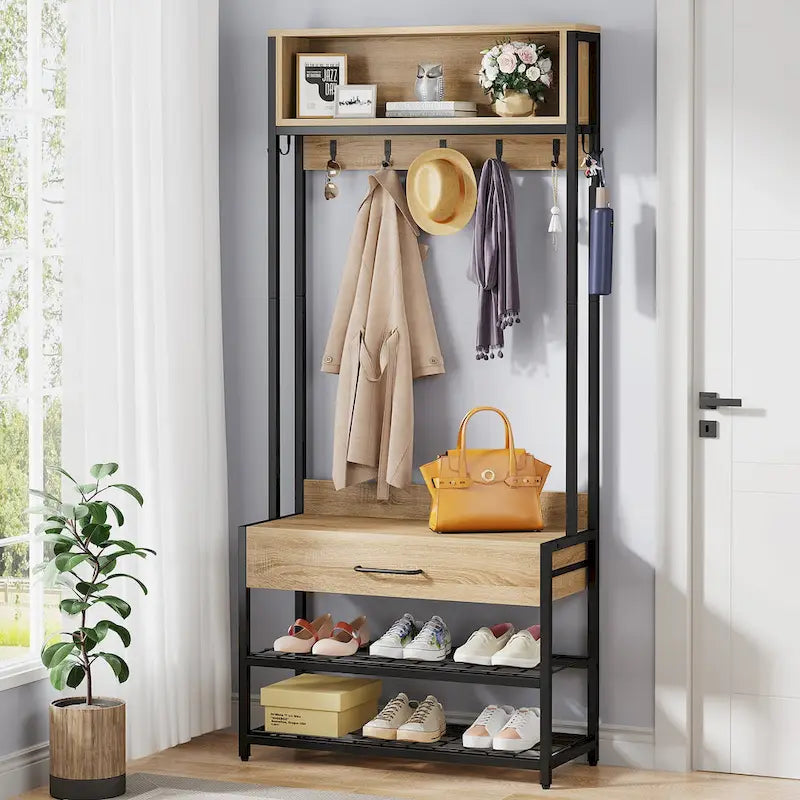 Porte-manteau industriel 3-en-1 marron rustique avec banc à chaussures et étagère supérieure