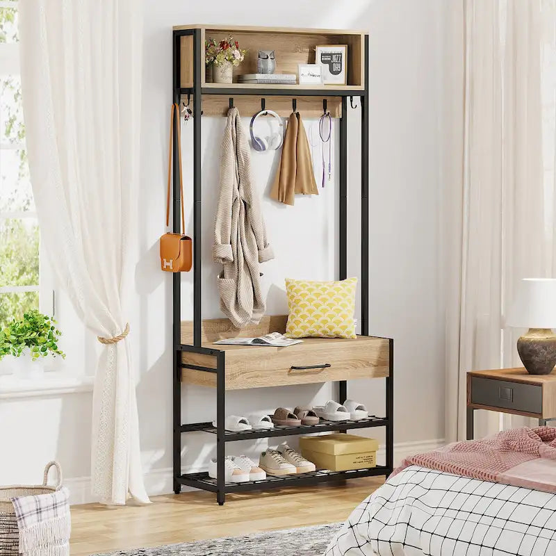 Porte-manteau industriel 3-en-1 marron rustique avec banc à chaussures et étagère supérieure