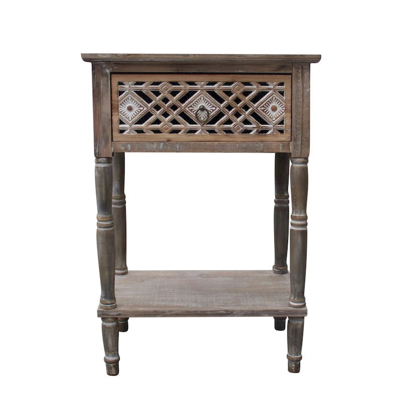 Farmhouse Nightstand with Cutout Carved Drawer and Open Display Shelf, Distressed Accent Table