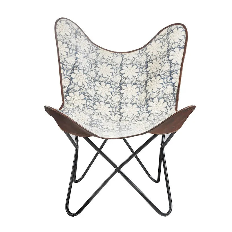 37 Blue and White Floral Faux Leather Sling-Style Butterfly Chair