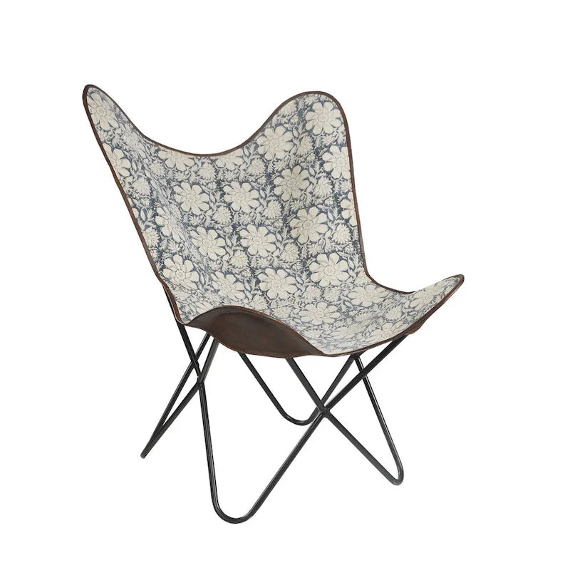 Chaise papillon de type sling d'extérieur en similicuir à motif floral bleu et blanc