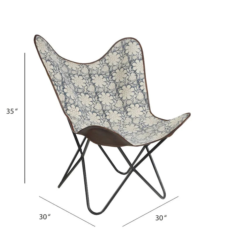 Chaise papillon de type sling d'extérieur en similicuir à motif floral bleu et blanc