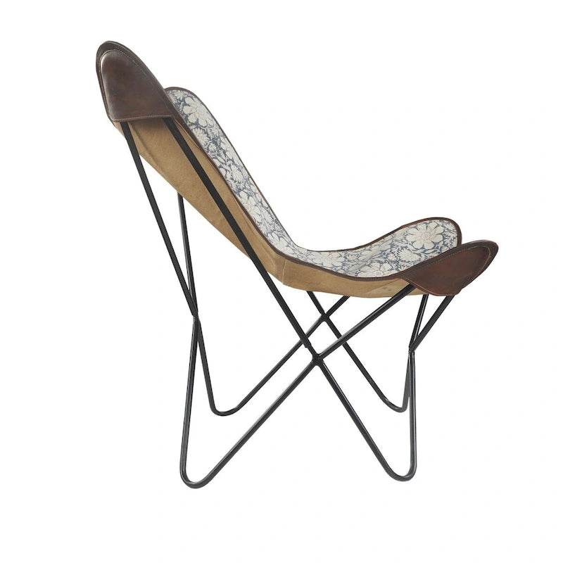 Chaise papillon de type sling d'extérieur en similicuir à motif floral bleu et blanc