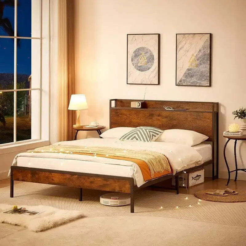 Cadre de lit double Mieres, lit plateforme avec tête de lit de rangement et station de charge, antidérapant et silencieux
