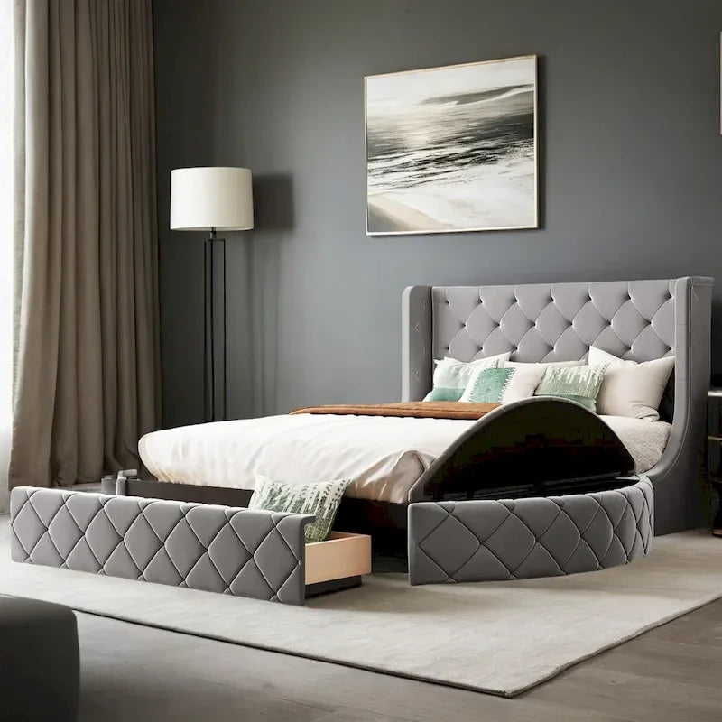 Lit plateforme rembourré grand lit avec rangement en velours avec tête de lit à oreilles et 1 grand tiroir, 2 tabourets de rangement latéraux