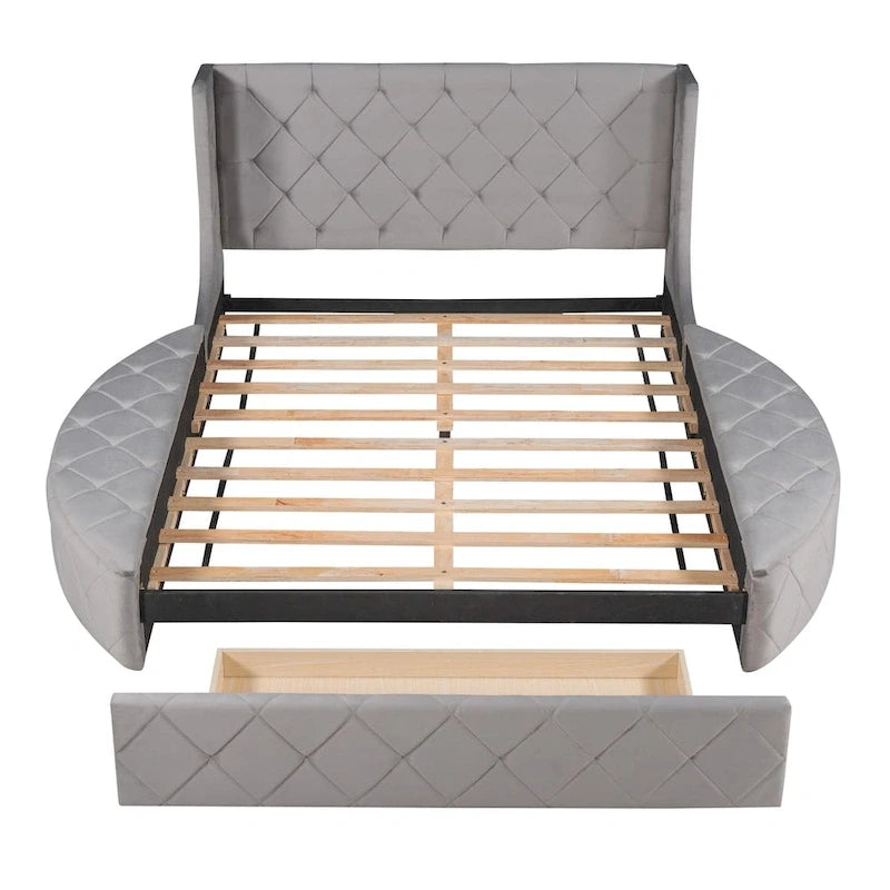 Lit plateforme rembourré grand lit avec rangement en velours avec tête de lit à oreilles et 1 grand tiroir, 2 tabourets de rangement latéraux