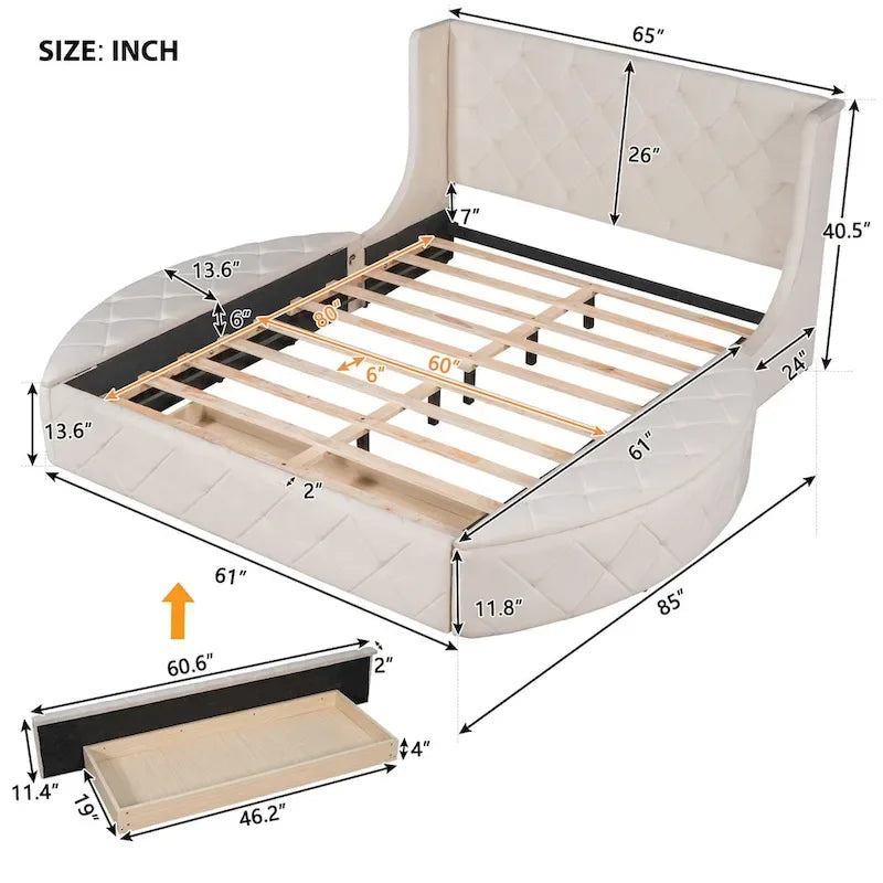 Lit plateforme rembourré grand lit avec rangement en velours avec tête de lit à oreilles et 1 grand tiroir, 2 tabourets de rangement latéraux