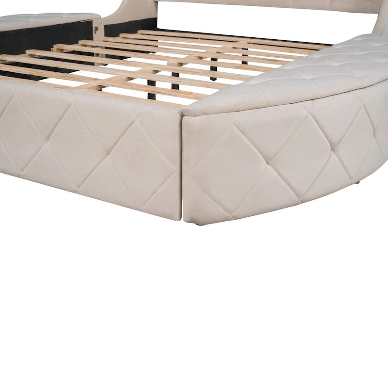 Lit plateforme rembourré grand lit avec rangement en velours avec tête de lit à oreilles et 1 grand tiroir, 2 tabourets de rangement latéraux