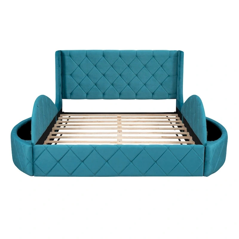Lit plateforme rembourré grand lit avec rangement en velours avec tête de lit à oreilles et 1 grand tiroir, 2 tabourets de rangement latéraux