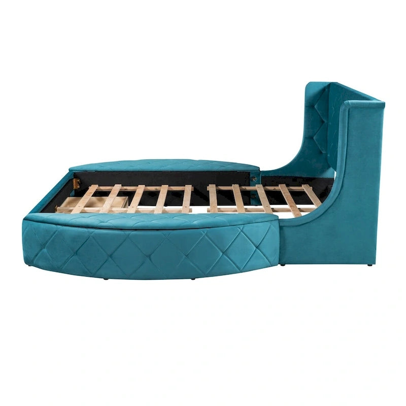 Lit plateforme rembourré grand lit avec rangement en velours avec tête de lit à oreilles et 1 grand tiroir, 2 tabourets de rangement latéraux