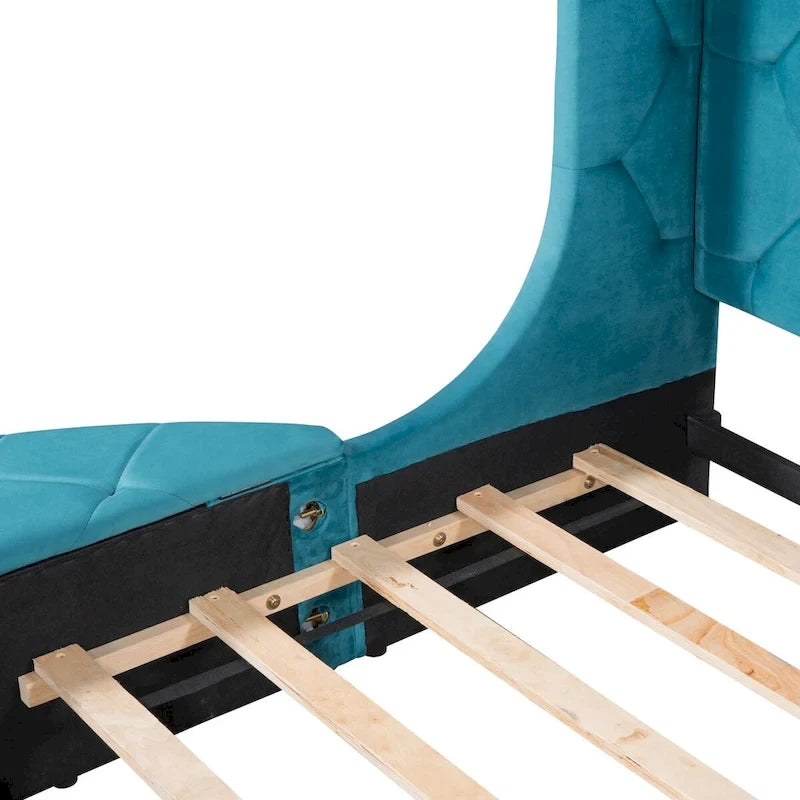 Lit plateforme rembourré grand lit avec rangement en velours avec tête de lit à oreilles et 1 grand tiroir, 2 tabourets de rangement latéraux