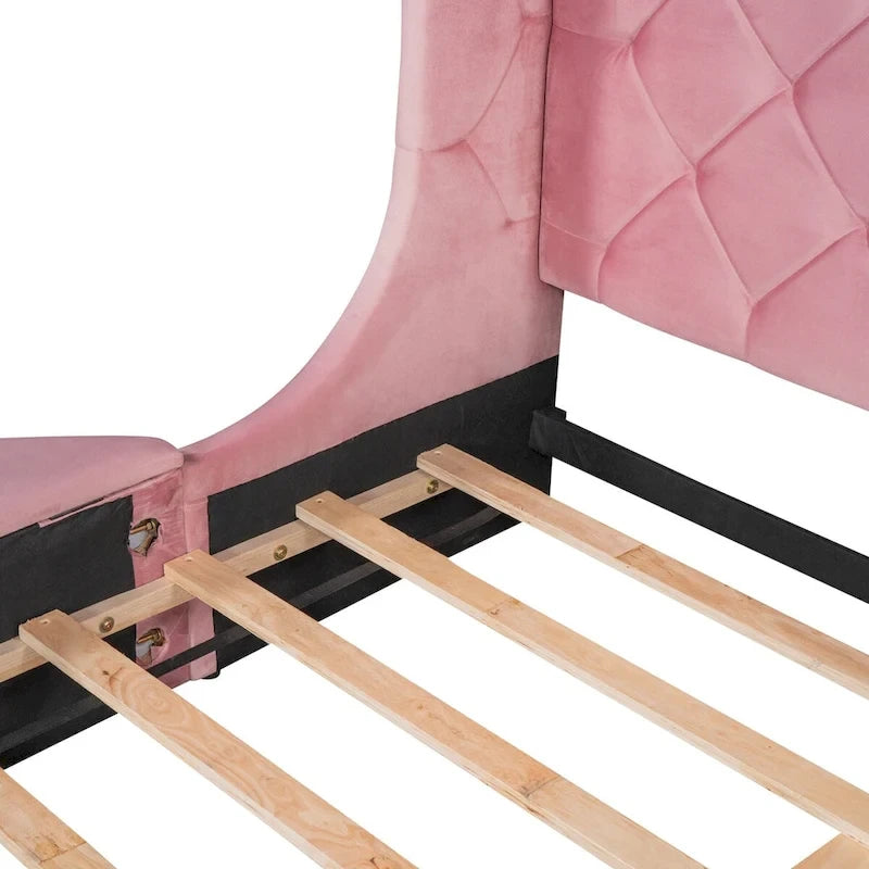 Lit plateforme rembourré grand lit avec rangement en velours avec tête de lit à oreilles et 1 grand tiroir, 2 tabourets de rangement latéraux
