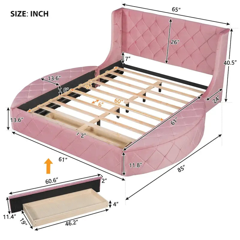Lit plateforme rembourré grand lit avec rangement en velours avec tête de lit à oreilles et 1 grand tiroir, 2 tabourets de rangement latéraux
