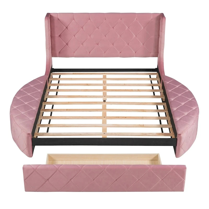 Lit plateforme rembourré grand lit avec rangement en velours avec tête de lit à oreilles et 1 grand tiroir, 2 tabourets de rangement latéraux