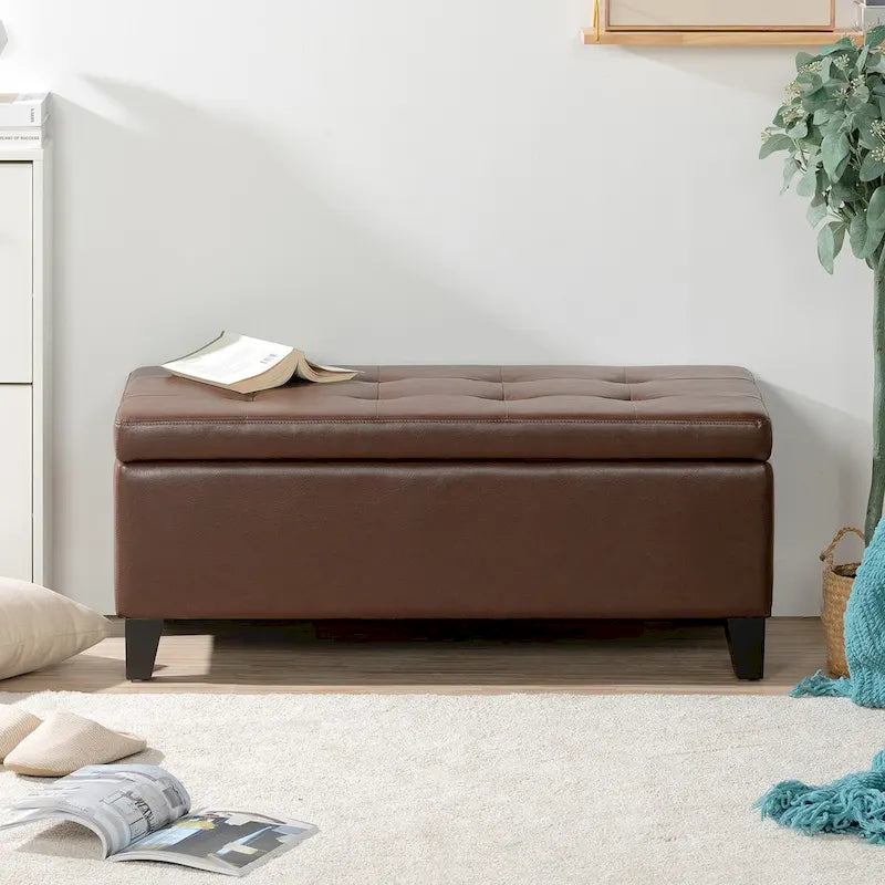 Pouf de rangement avec pieds en bois, Pouf en cuir avec rangement pour salon, chambre à coucher