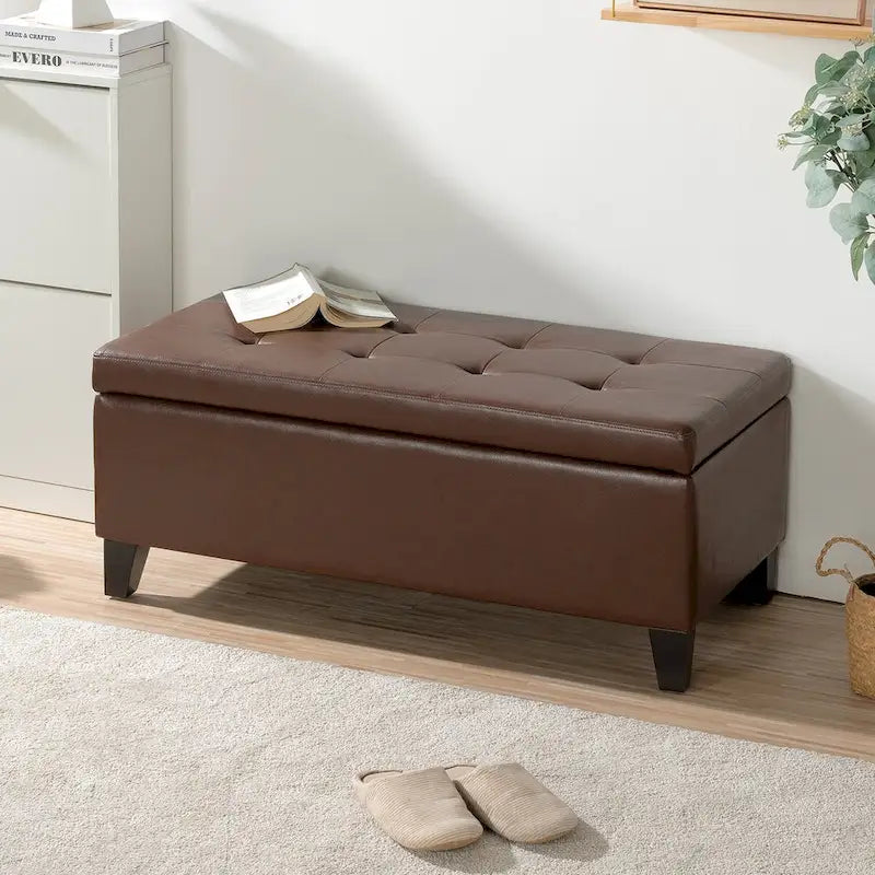 Pouf de rangement avec pieds en bois, Pouf en cuir avec rangement pour salon, chambre à coucher