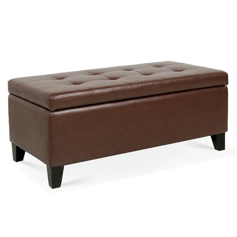 Pouf de rangement avec pieds en bois, Pouf en cuir avec rangement pour salon, chambre à coucher