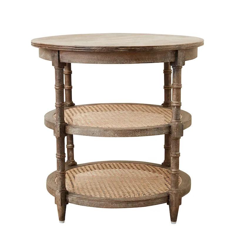 Table ronde en bois de manguier avec 2 étagères en cannage / Table de chevet