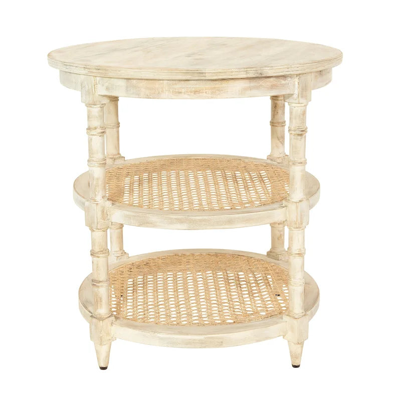Table ronde en bois de manguier avec 2 étagères en cannage / Table de chevet