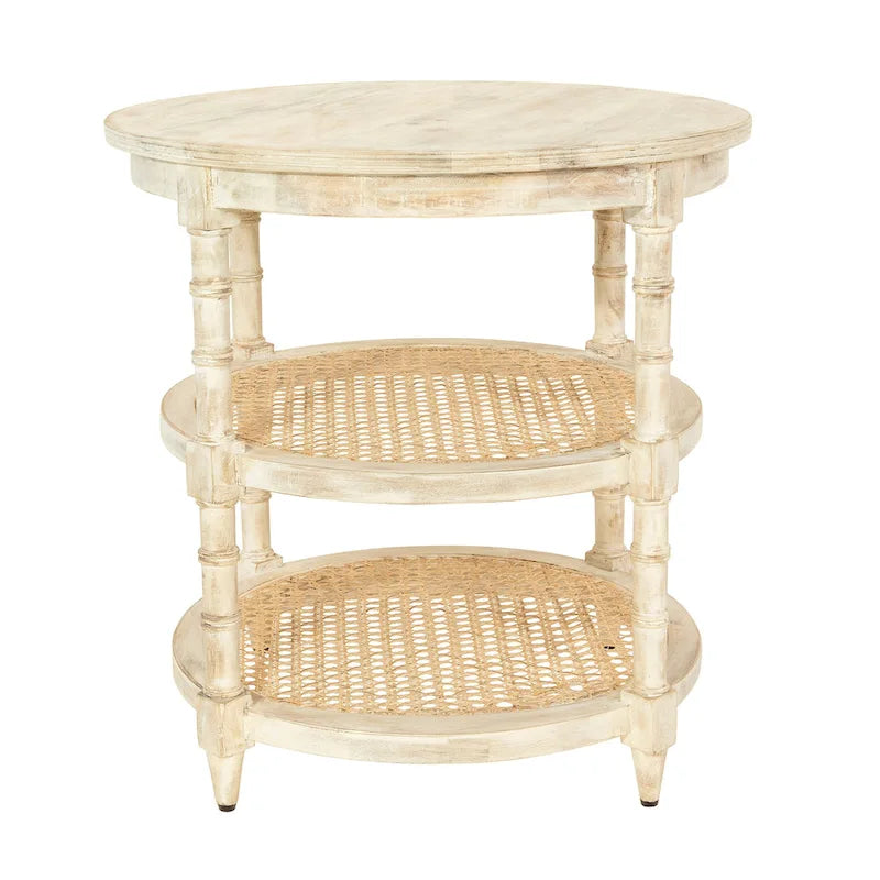 Table ronde en bois de manguier avec 2 étagères en cannage / Table de chevet