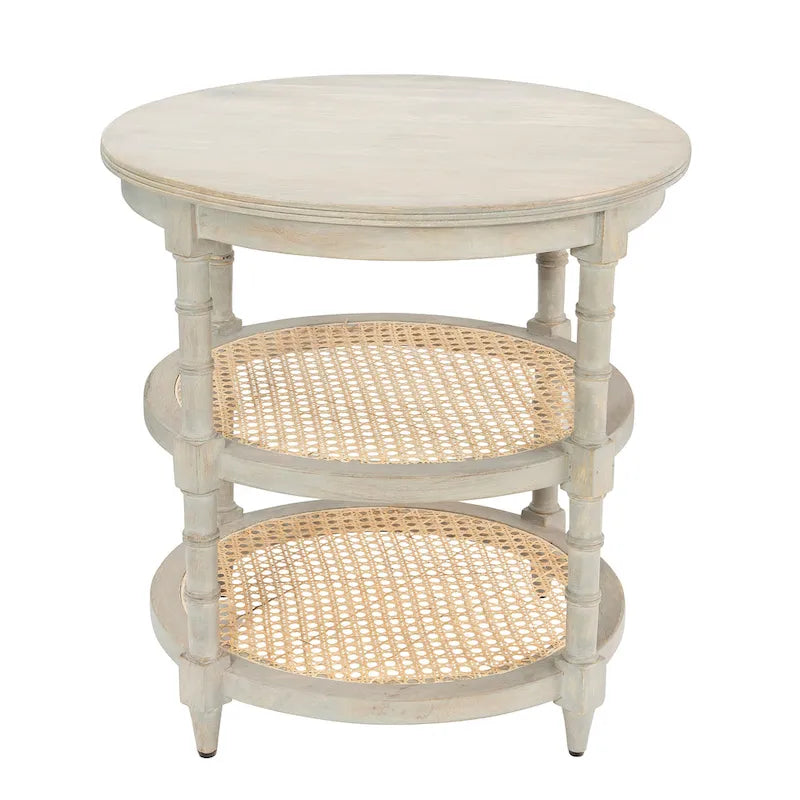 Table ronde en bois de manguier avec 2 étagères en cannage / Table de chevet