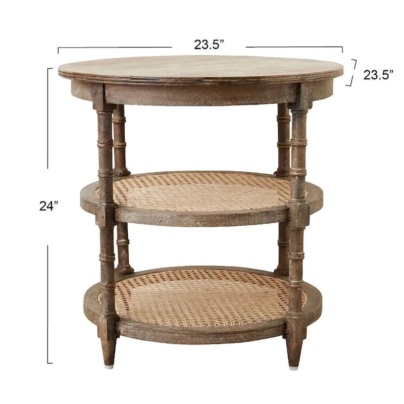 Table ronde en bois de manguier avec 2 étagères en cannage / Table de chevet