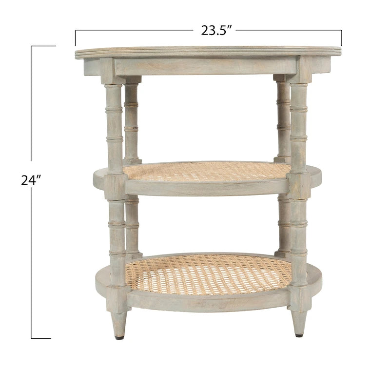 Table ronde en bois de manguier avec 2 étagères en cannage / Table de chevet