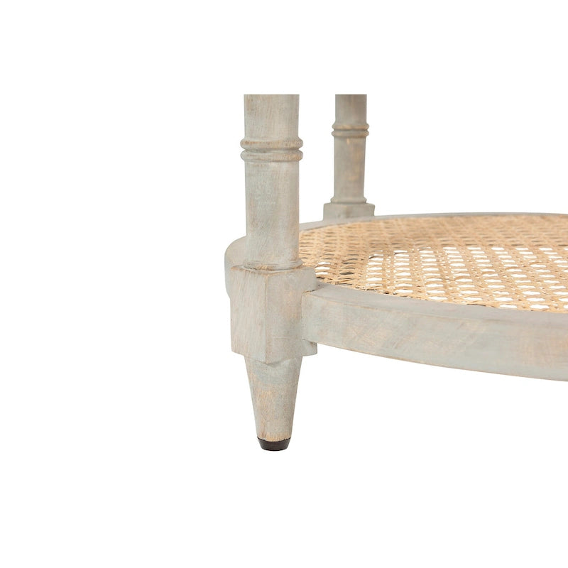 Table ronde en bois de manguier avec 2 étagères en cannage / Table de chevet