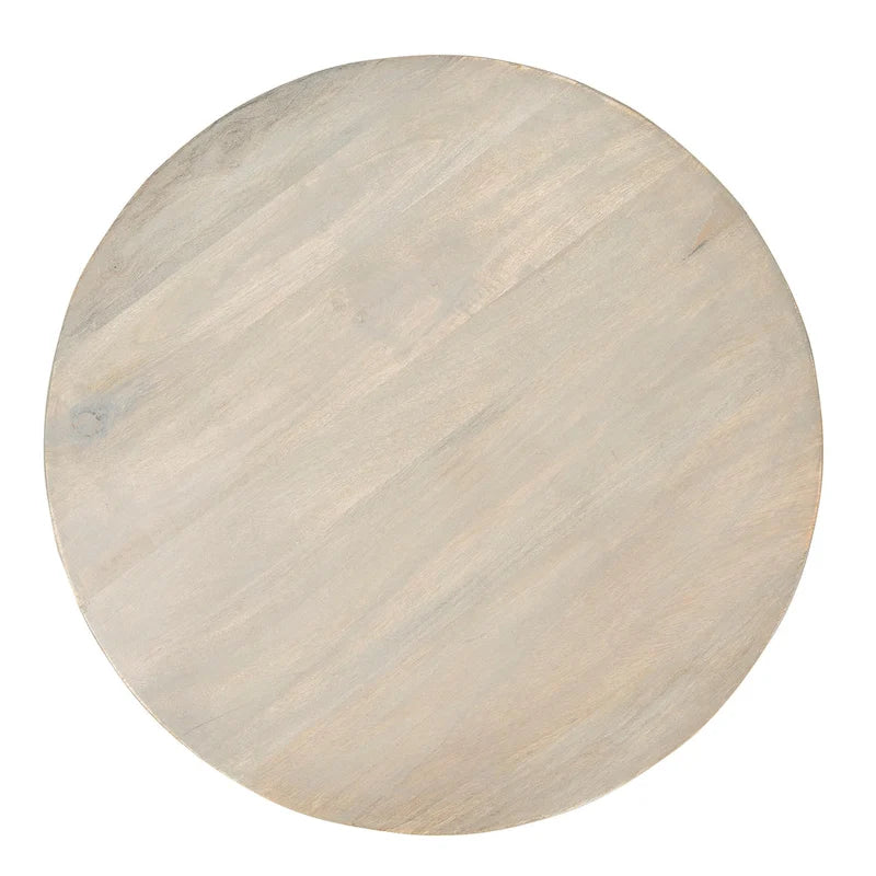 Table ronde en bois de manguier avec 2 étagères en cannage / Table de chevet