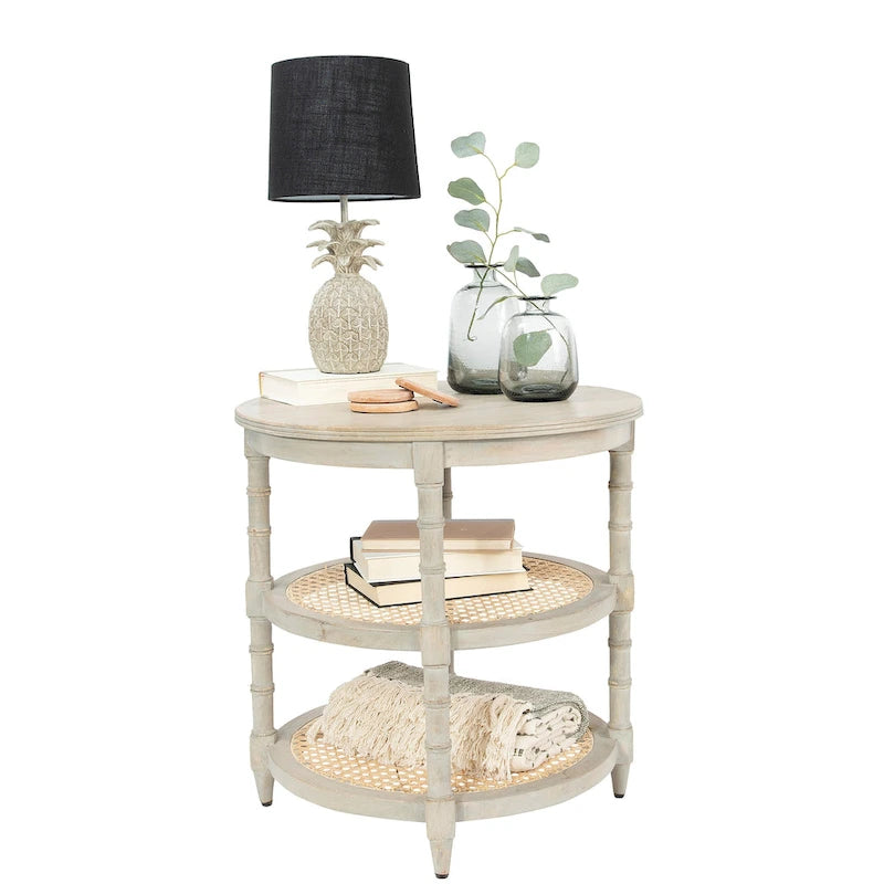 Table ronde en bois de manguier avec 2 étagères en cannage / Table de chevet