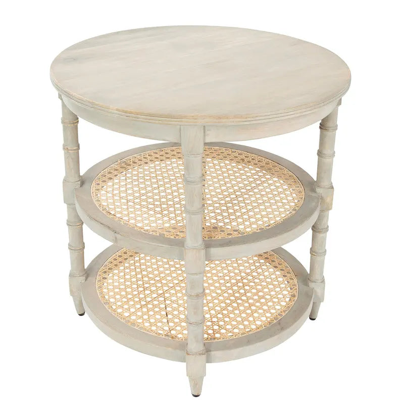 Table ronde en bois de manguier avec 2 étagères en cannage / Table de chevet
