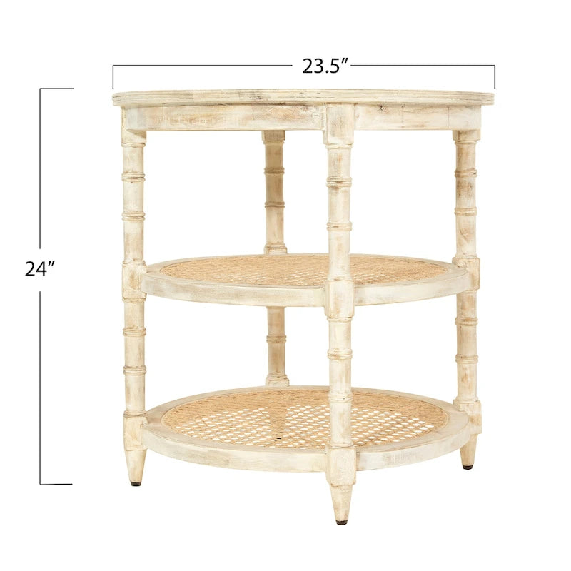 Table ronde en bois de manguier avec 2 étagères en cannage / Table de chevet