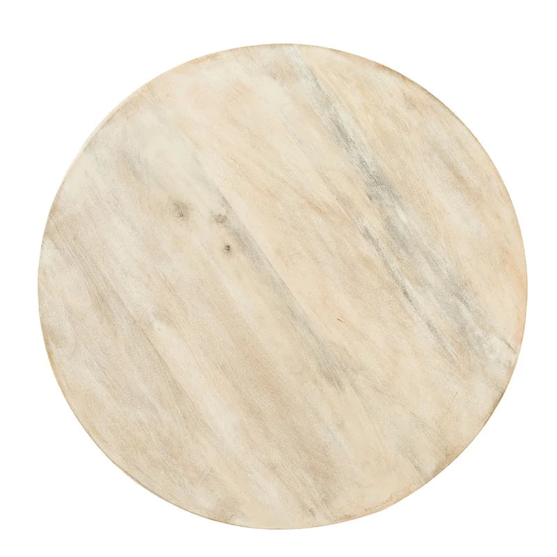 Table ronde en bois de manguier avec 2 étagères en cannage / Table de chevet