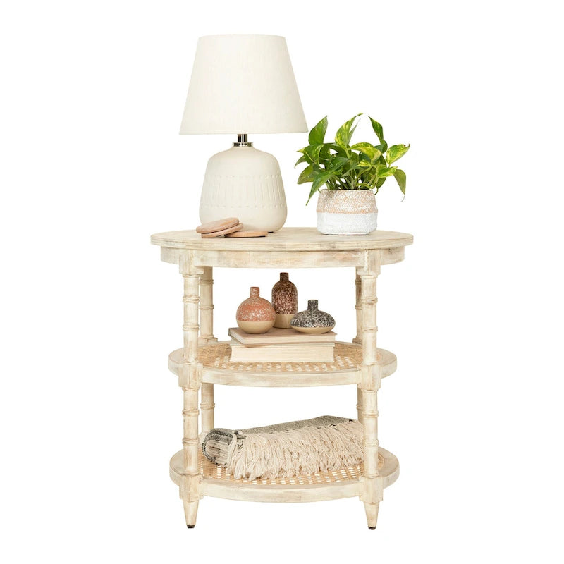 Table ronde en bois de manguier avec 2 étagères en cannage / Table de chevet