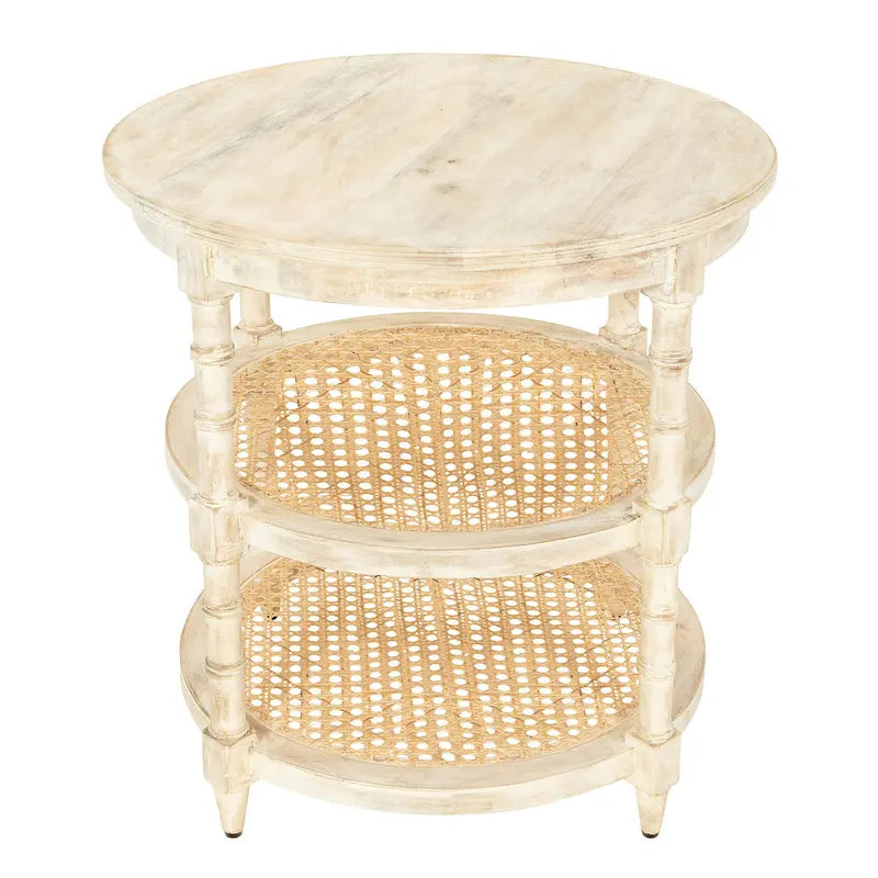 Table ronde en bois de manguier avec 2 étagères en cannage / Table de chevet