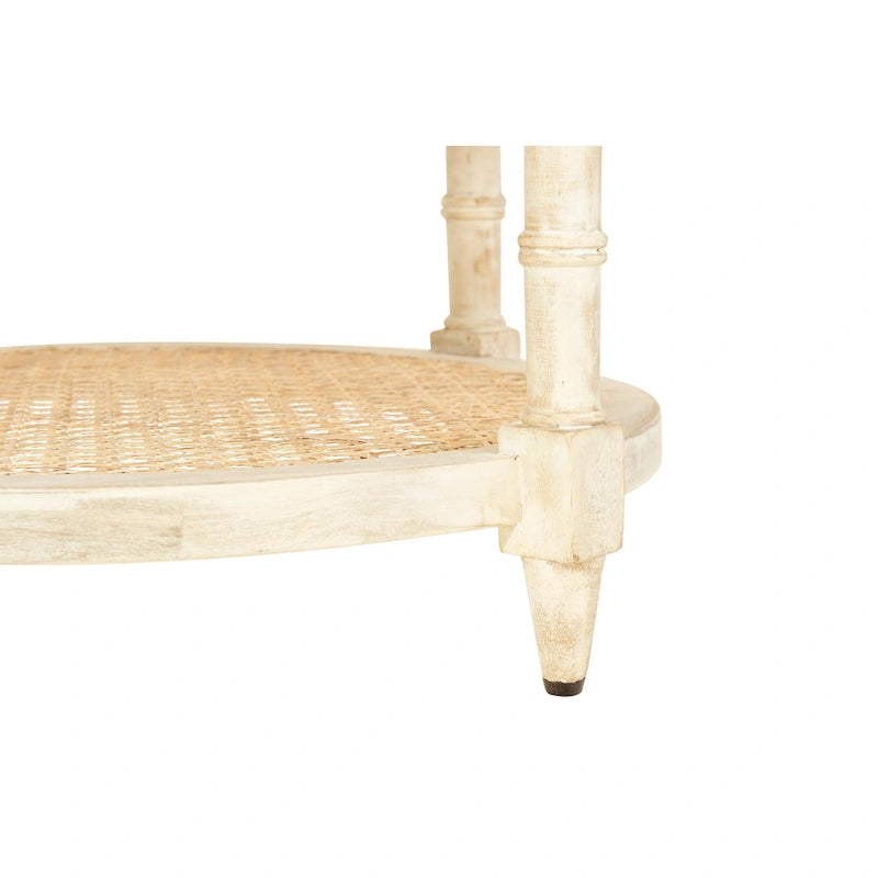 Table ronde en bois de manguier avec 2 étagères en cannage / Table de chevet